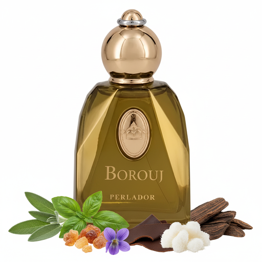 Perfume con notas de salvia, albahaca, violeta, incienso, cuero, almizcle y oud