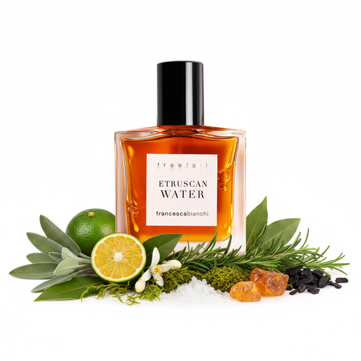 Perfume con notas de salvia, petit grain, mandarina verde, laurel, notas verdes, florales y salinas, musgo, ámbar, alquitrán de abedul y notas animales
