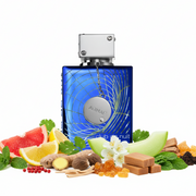 Perfume con notas de toronja, limón, menta, pimienta rosa, cilantro, jengibre, melón, nuez moscada, jazmín, notas amaderadas, incienso, sándalo, ámbar, cedro, pachulí y ládano