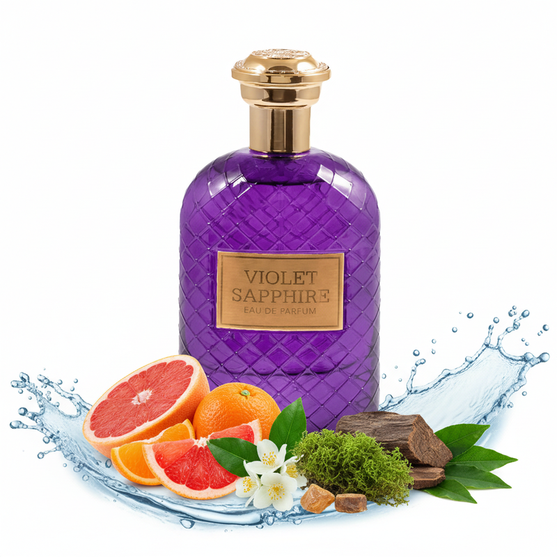 Perfume con notas marinas, pomelo, mandarina, laurel, jazmín, ámbar gris, madera de guaiac, musgo de roble y pachulí