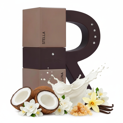 Perfume con notas ozónicas, coco, leche, gardenia, jazmín, incienso, almizcle y vainilla