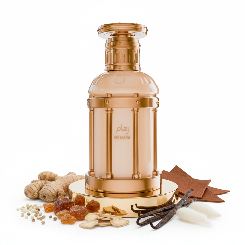 Perfume con notas ozónicas, jengibre, ambreta, mirra, benzuí, orris, musk, vainilla y cuero