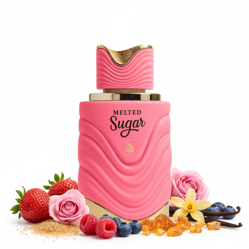 Perfume Melted Sugar con botella grande e ingredientes visibles en la base