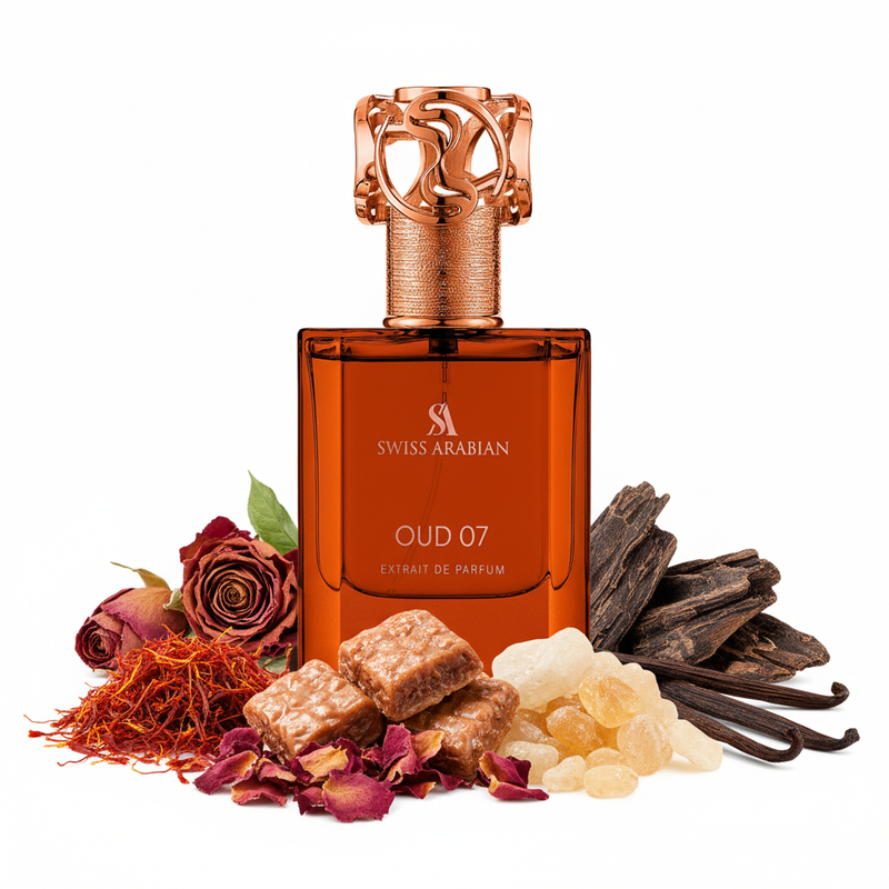 Perfume OUD 07 con botella grande e ingredientes prominentes