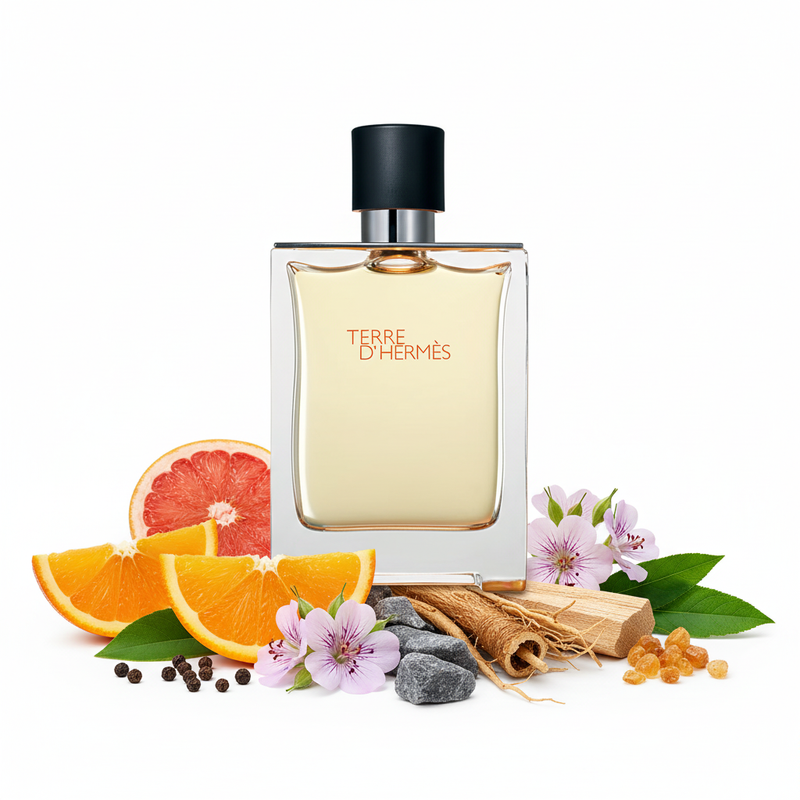 Perfume Terre d'Hermès con botella grande e ingredientes prominentes