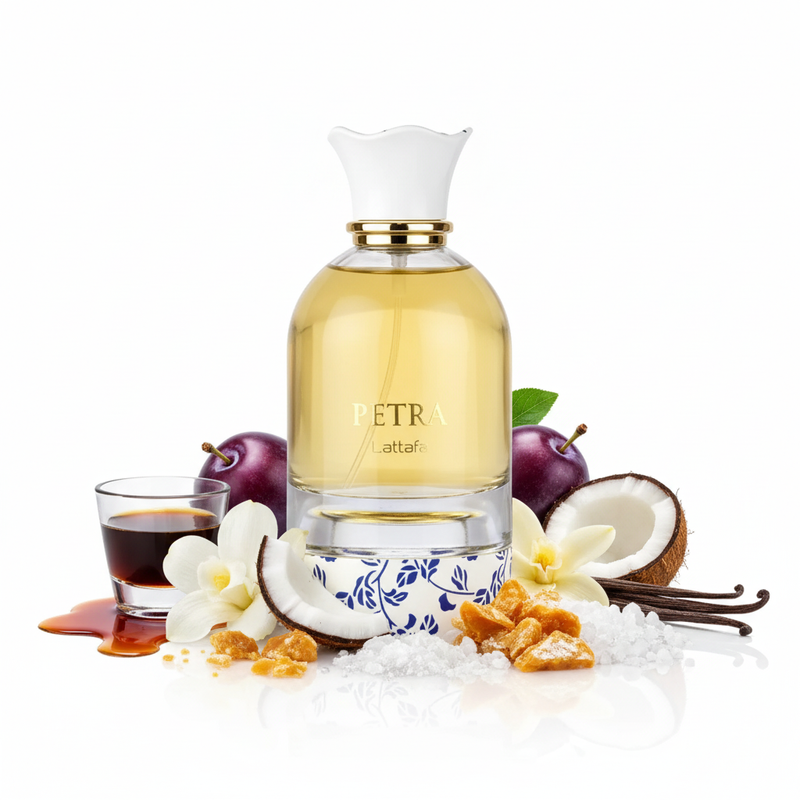 Petra perfume bottle with rum plum coconut vanilla notes