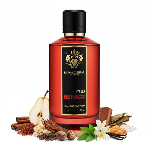 Red Tobacco Intense Mancera red perfume bottle with spicy tobacco leather notes