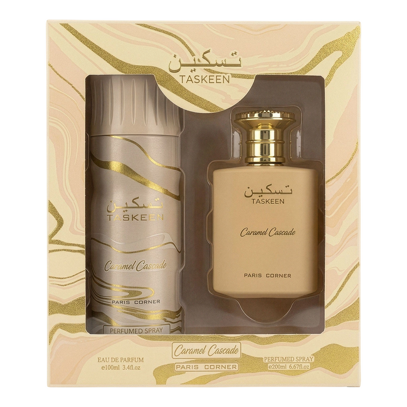 Set regalo Taskeen Caramel Cascade PARIS CORNER: Eau de Parfum 100 ml y spray perfumado 200 ml