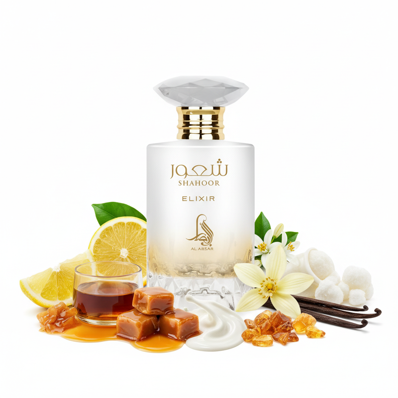 Shahoor Elixir white perfume bottle with citrus gourmand notes