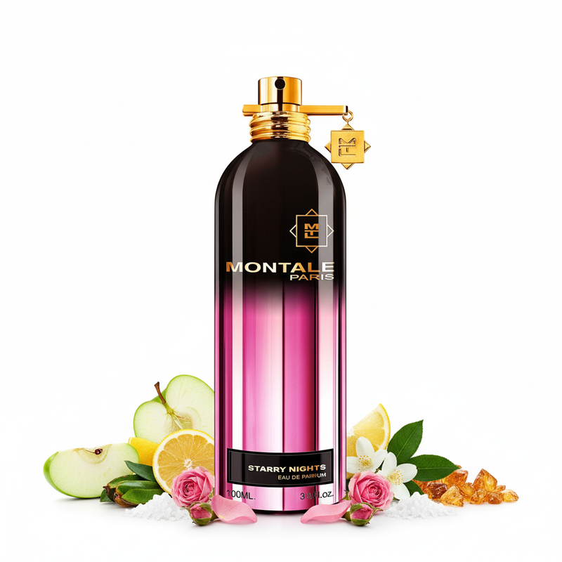 Starry Nights Montale gradient perfume bottle with floral fruity powdery notes