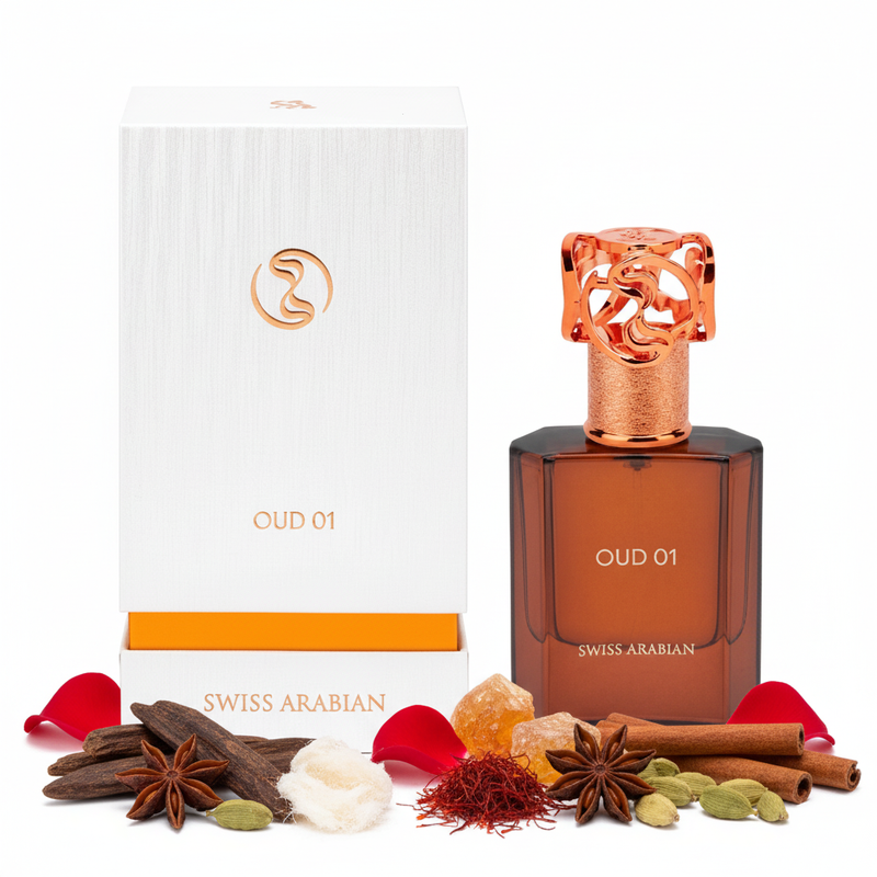 Swiss Arabian Oud 01 cu cutie și ingrediente