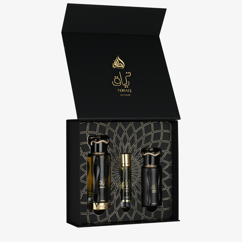 Teriaq Intense Gift Set LATTAFA: Eau de Parfum 100 ml, travel spray 12 ml y hair mist 50 ml
