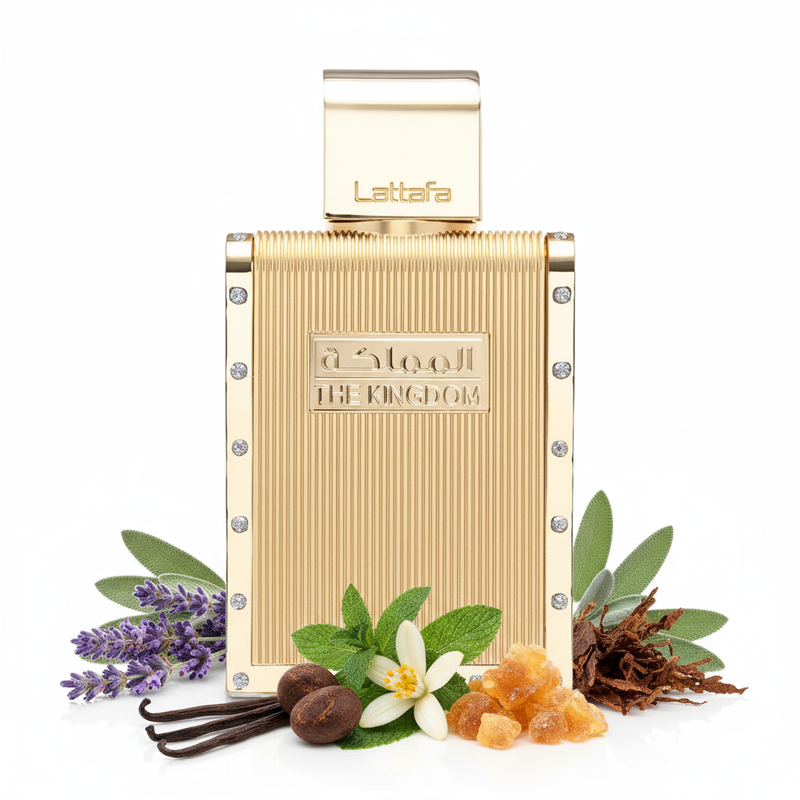 The Kingdom large gold perfume bottle prominent