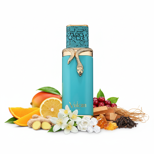 Vulcan Feu French Avenue perfume árabe con jengibre, naranja y notas amaderadas, frasco turquesa con detalles dorados
