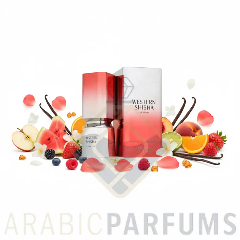 French Avenue Western Shisha cu fundal alb și ingrediente în jurul bazei