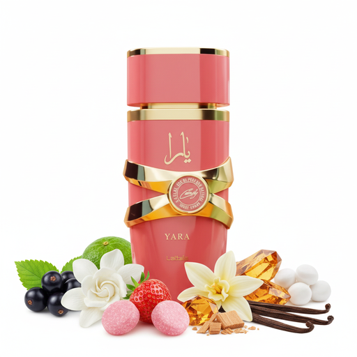 Yara pink perfume bottle with fruity floral fragrance notes