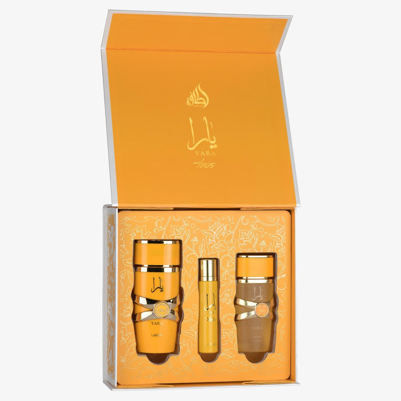 Yara Tous Gift Set LATTAFA: Eau de Parfum 100 ml, travel spray 12 ml y hair mist 50 ml