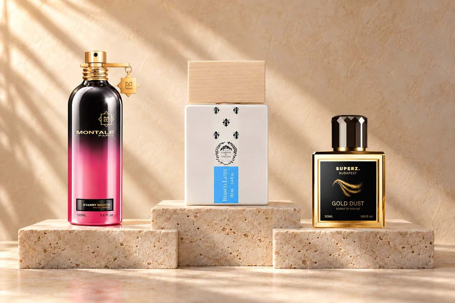 Starry Nights de Montale, Bianco Latte de Giardini di Toscana y Gold Dust de SUPERZ. sobre travertino
